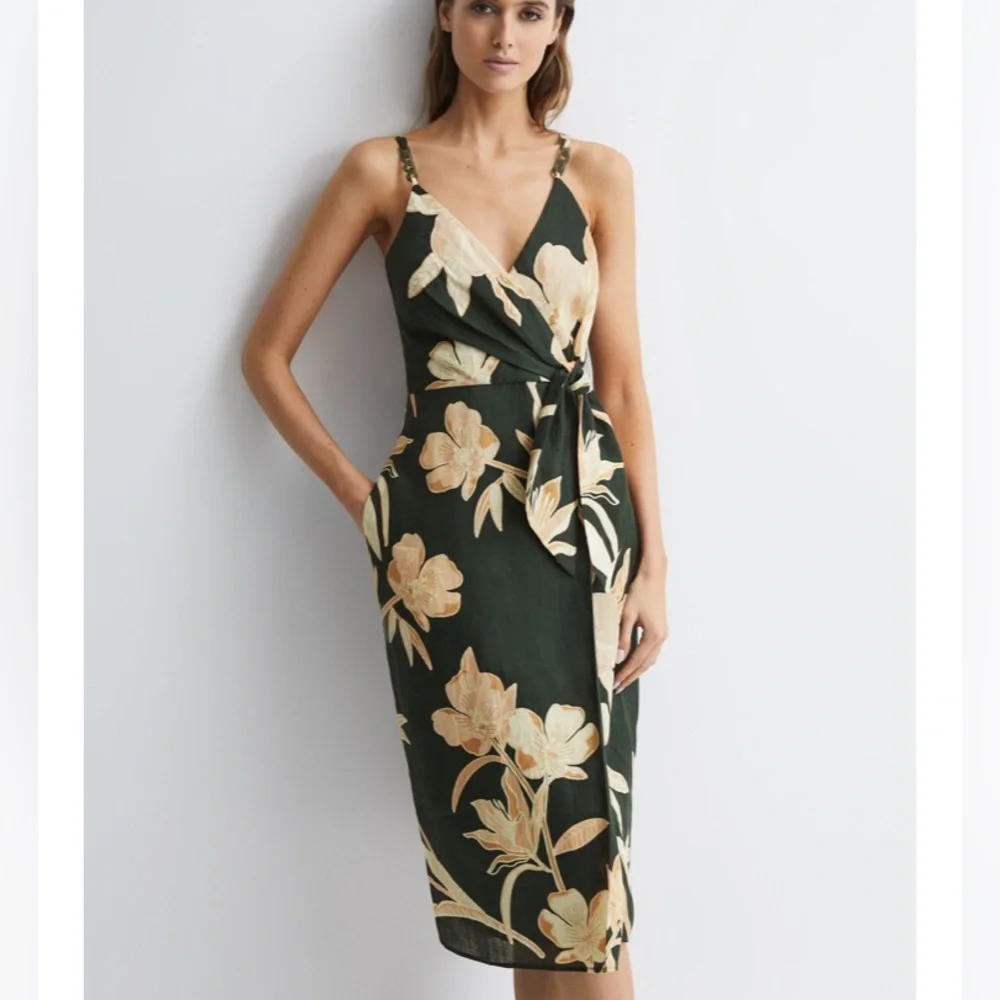 REISS NWOT LINEN N COTTON ALICE POCKETED FAUX WRAP FLORAL MIDI DRESS SIZE 10 - Picture 1 of 14
